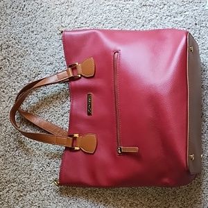 Joy & Iman red and tan leather tote